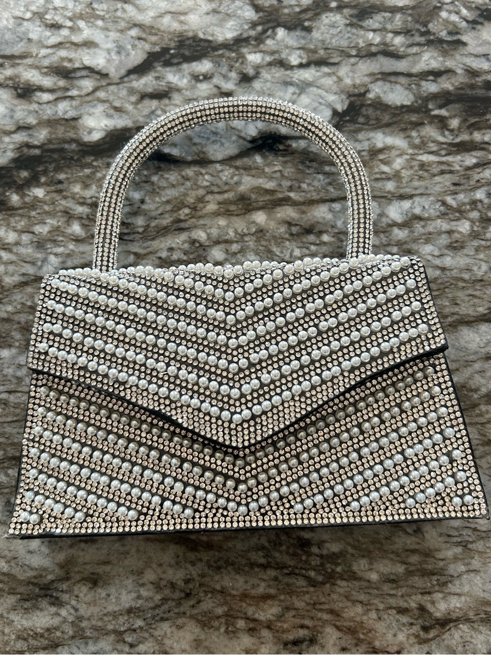 Pearl & Crystal Embellished Silver Evening Clutch